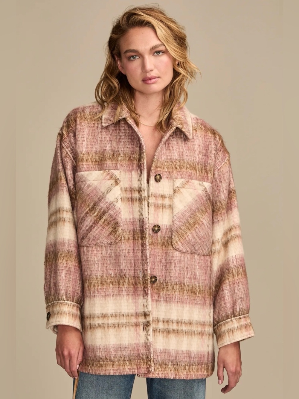 Lucky Brand Oversized Plaid Shirt Jacket L Pink Shacket NWT